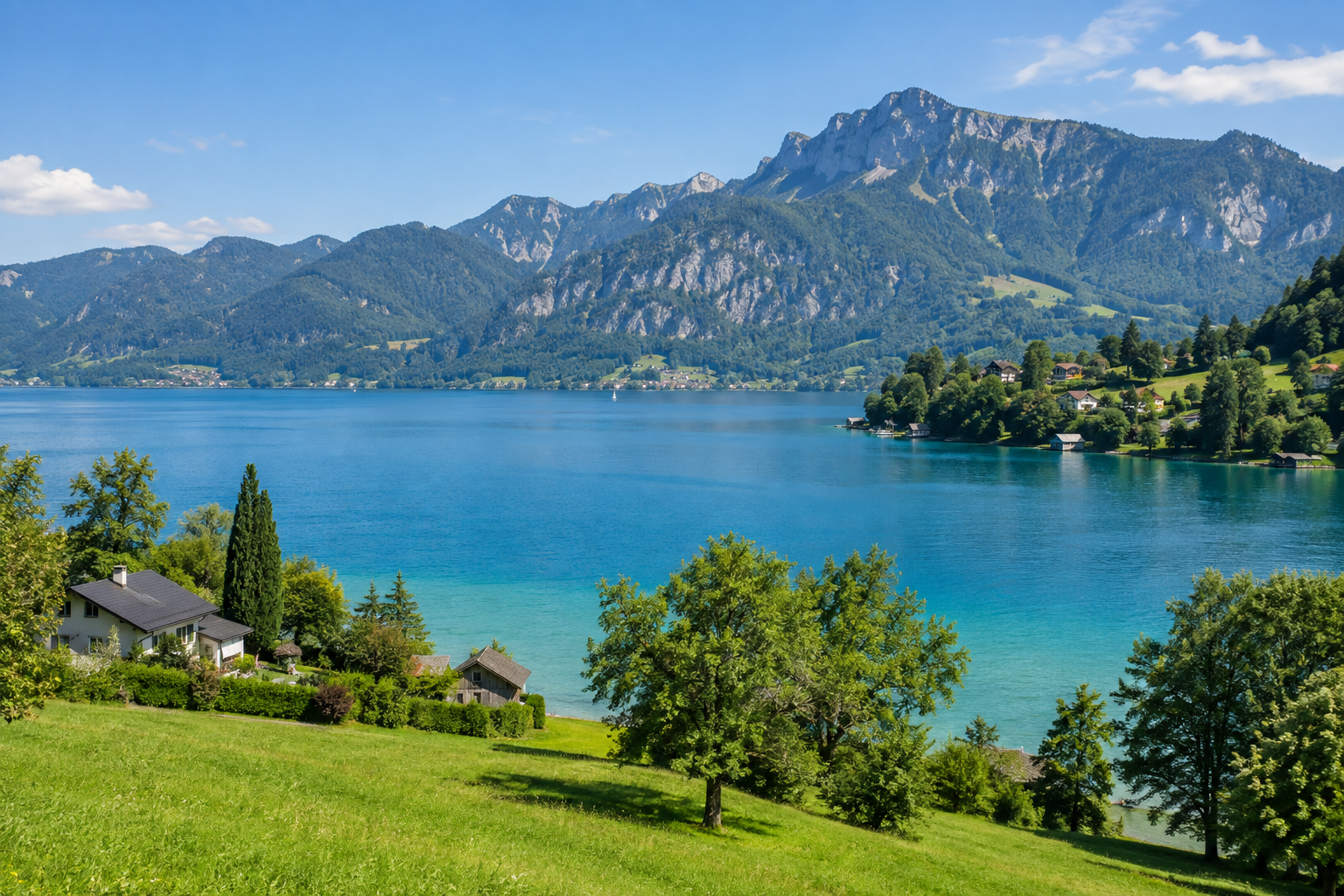 Seelandschaft mit grünen Ufern und Bergen